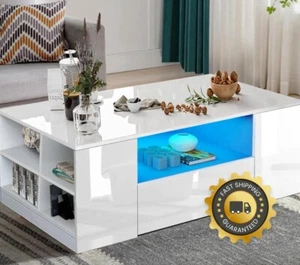 High Gloss Coffee Table With Storage 2 Drawer Wooden Living Room RGB LED Lights - Picture 1 of 5