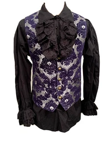 Steampunk Regal Blue Woven Brocade Waistcoat Ensemble Cotton Pirate Shirt ML - Picture 1 of 12