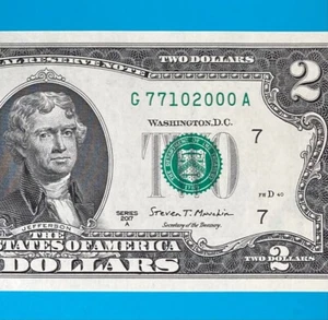 TRAILING YEAR 2000 (G 7710 2000 A) $2 Two Dollar Bill Serial Number 2017A *UNC* - Picture 1 of 4