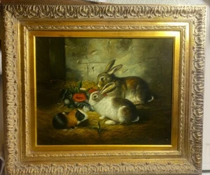 Escaped Rabbits & Guinea Pig Framed Oil On Canvas Painting Signed Byron 16x20in. - Picture 1 of 10