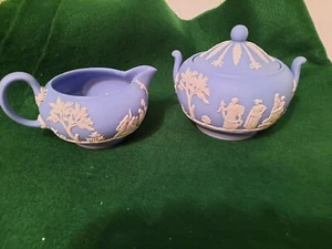 Wedgwood England Blue & White Jasperware Creamer & Sugar Set - Picture 1 of 10
