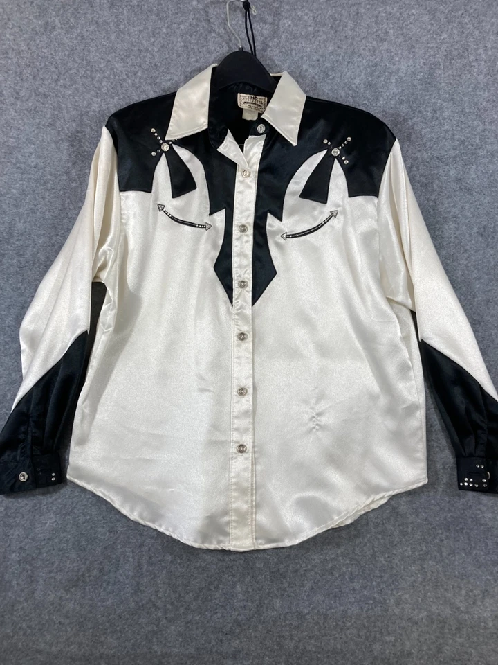 1849 Authentic Ranch Wear Western Shirt Women L Silver Black Satin Studs Vintage - Image 1 of 4