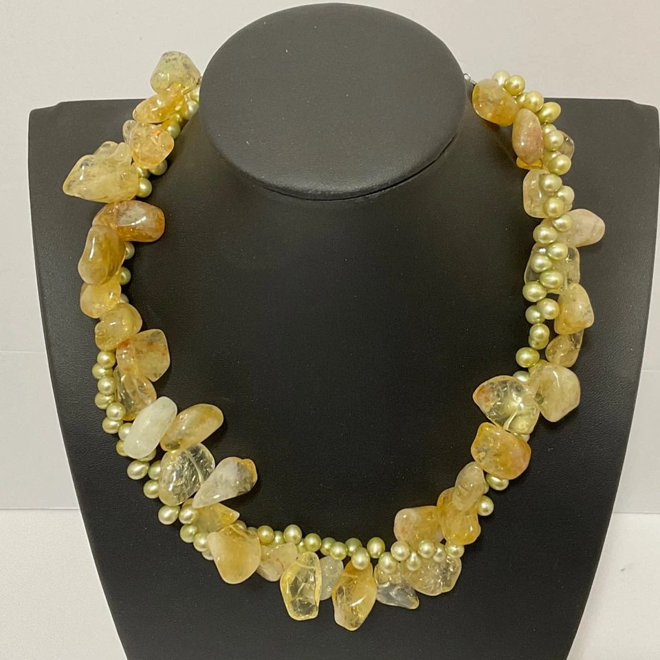 Collar de plata de ley de 2 hilos de perlas genuinas Chartreuse pepita de citrino dorado Foto 1 de 4