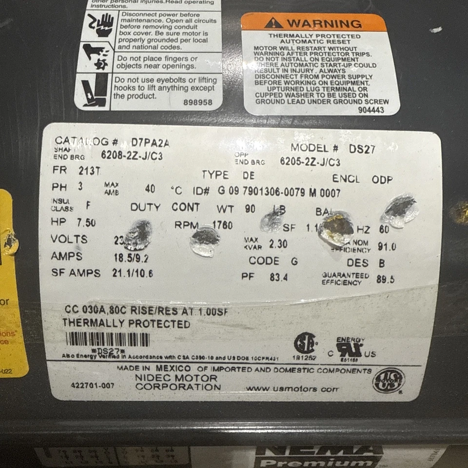 Ds27 Fr213t Us Motors 7.5 Hp 3phase 1760 RPM 230/460 - Image 1 of 4