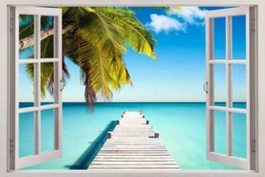 PALM TREE BEACH 3D Window View Decal WALL STICKER DIY Decor Art Mural Exotic 02 - Picture 1 of 1