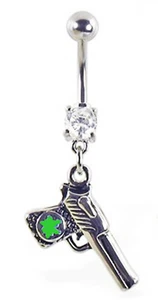 Belly Ring Pistol Handgun Revolver w/Pot Leaf Gem Dangle Naval - Picture 1 of 2