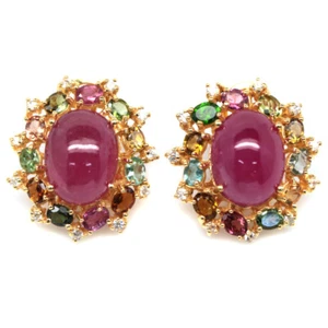 925 Sterling Silver 12 x 15 mm. Pink Ruby, Tourmaline & Zircon Earrings - Picture 1 of 4