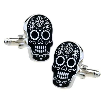 GEMELOS CALAVERA AZÚCAR Día de Muertos Esmalte Negro Halloween con Bolsa de Regalo NUEVO Foto 1 de 3