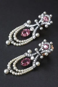 Freshwater Dangle Pearl Lab Pink Ruby 925 Sterling Silver Wedding Women Earrings - Picture 1 of 9