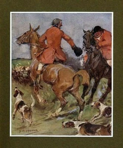 HORSES AND FOXHOUNDS READY TO HUNT FOX, HOUND DOGS, ANTIQUE COLOR HUNTING PRINT - Picture 1 of 1