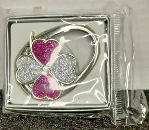 New Open Box pink and silver tone glitter Four leaf Clover purse handbag hanger - Picture 1 of 5