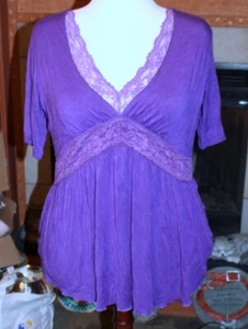 XL DEFECT HOLE Women's CF Collection Purple Babydoll Lace Trim SS V-Neck Top - Picture 1 of 7