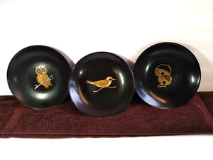 Couroc Bowls Mushroom Owl Bird Made Monterey 7.5” Black Lacquer Bowls Set 3 - Bild 1 von 12