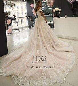 Luxus Champagne Spitze Brautkleid Hochzeitskleid Schnürt Übergröße Off-Schulter