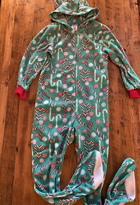 Green Candy Cane Peppermint Fleece Footed PJs Hooded Union Suit Girls Size Large - Picture 1 of 6