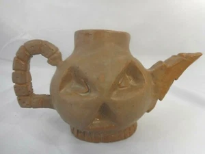 Pottery Ceramic Art Pumpkin Face Small Teapot Brown Curio Grotesque signed KB - Picture 1 of 10