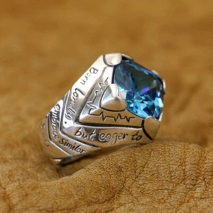 925 Sterling Silver Blue CZ Words on Ring Charms Heart Ring TA503C Model L UK T½ - Picture 1 of 12