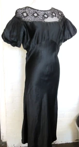 ART DECO LATE 1920’S black SATIN LONG DRESS PUFF SLEEVE Neckline needs fix READ - Picture 1 of 9