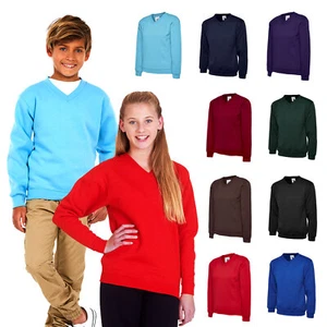 Uneek V Neck Jumper - Plain Unisex School Uniform Sweatshirt for Boys & Girls - Picture 1 of 13