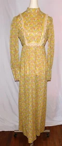 Vestido Largo BOHO Pradera Campesina Estampado Floral Amarillo Verde Encaje Borde Años 70 De Colección - Imagen 1 de 6