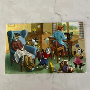 Ilustración antropomórfica postal familiar de gatos traviesos Alfred Mainzer de colección - Imagen 1 de 4