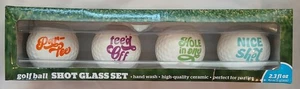 Golf Ball Shot Glasses Set Of 4 Imprint Designs 2.3 fl oz Each. NIB - Picture 1 of 2