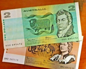 Genuine Old $1 & $2 Paper Banknotes " 2 Notes " Pair Money Currency - Picture 1 of 6