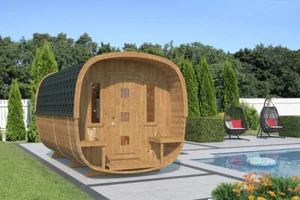 Saunafass BUS Fasssauna Außensauna Modell 235x400cm +Terrasse,Bausatz Thermoholz - Bild 1 von 5