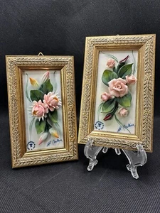 (2) Vintage Capodimonte Miniature Wall Art 3D Plaques Floral Italian Signed READ - Picture 1 of 17