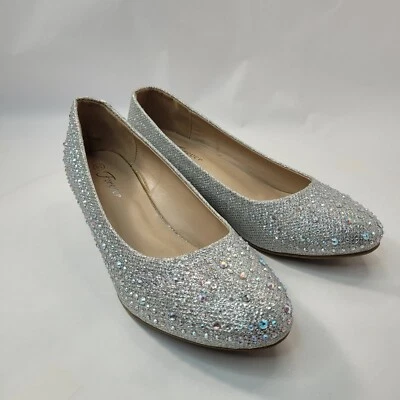 Forever Mujer Punta Cerrada Tacón Bajo Cuña Seto Plateado Estrás Talla 8 1/2 Foto 1 de 4