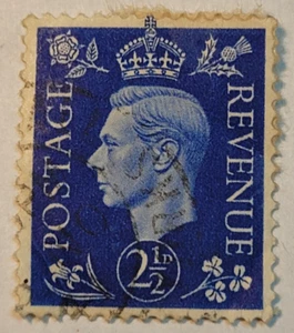 Postage Revenue ~ King George VI ~ Blue 2½D Stamp ~ Posted/Used ~ c.1940's ~ A04 - Picture 1 of 6