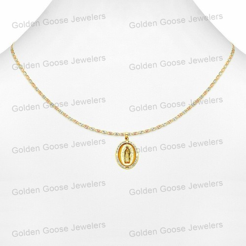 Ciondolo Charm Religioso Vergine Maria con Zirconi Oro Giallo 14K Vero Con Catena Valentino