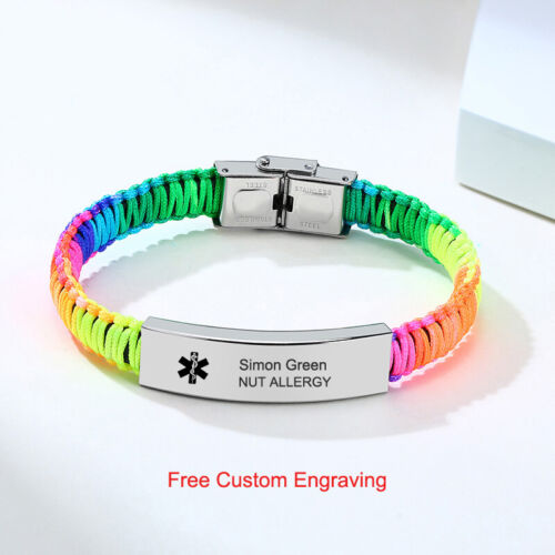 Women Men Personalized Medical Alert ID Bracelet Braided Wristband Free Engraved