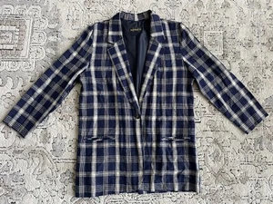 Requirements Leinen Blazer Damen groß kariert marine beige Vintage gefüttert Old Money - Bild 1 von 9