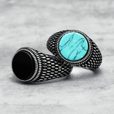 Anillo de acero inoxidable piedras preciosas curación ónix negro turquesa anillos piedra elegante Foto 1 de 4
