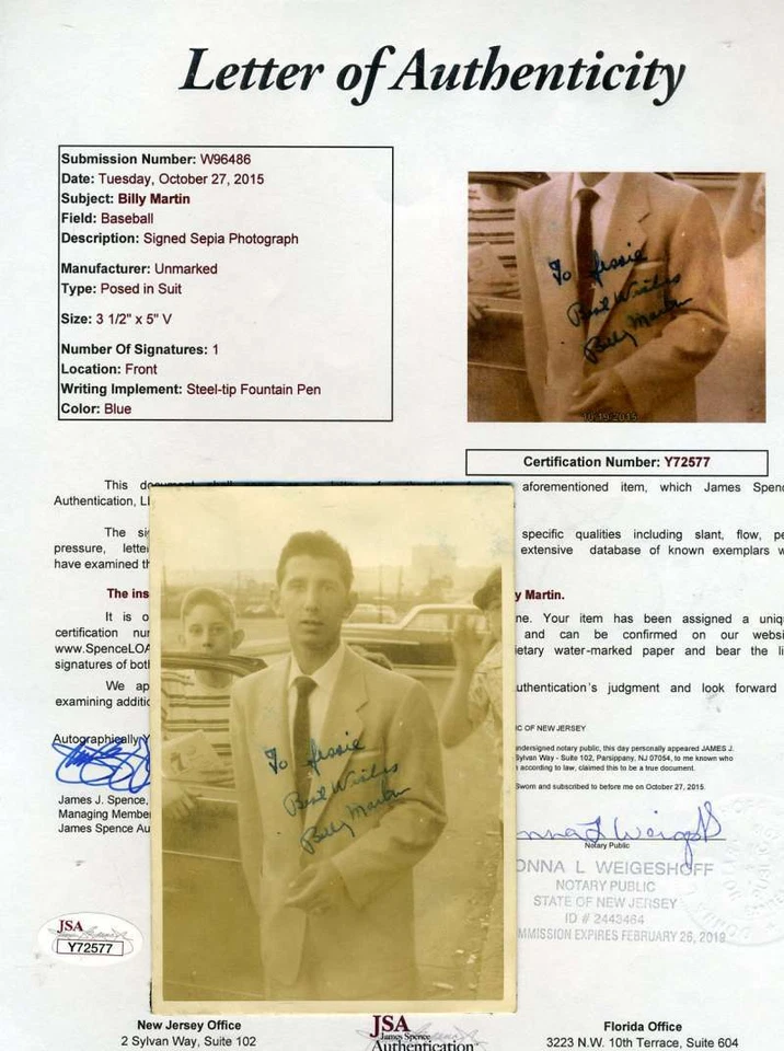 Billy Martin Jsa Autograph  Original 50`s Photo Authentic Hand Signed - Image 1 of 1