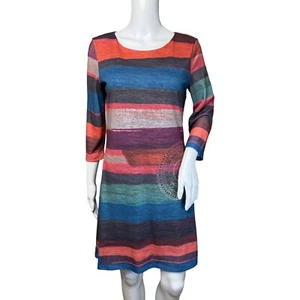 Desigual Dress Womens Medium Blue Pink Watercolor Stripe Fit Flare Colorful - Picture 1 of 8
