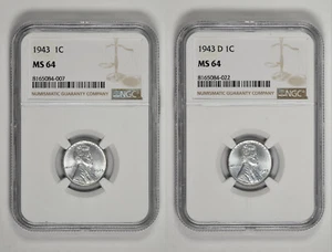 1943 P + D 1c Lincoln Steel Wheat Cent NGC MS 64 Two Coin Lot New Holder - Picture 1 of 4