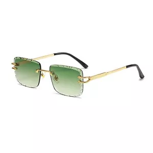 Men's Rimless Gold Frame Green Gradient Tint Gem Cut Lens Hip Hop Sunglasses​ - Picture 1 of 4