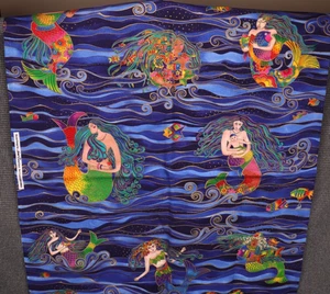 44"L x 44"W Clothworks Laurel Burch Ocean Songs Colorful Mermaids Sea Theme - Picture 1 of 13