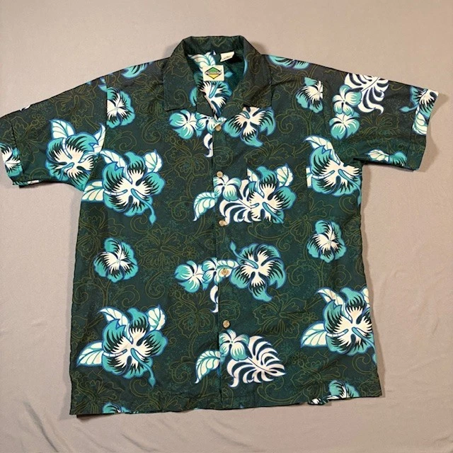 Flipbox 男式绿色/蓝色花卉夏威夷短袖纽扣衬衫 M 码 — 第 1/4 张图片