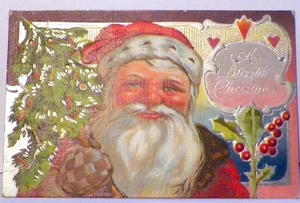 Santa Claus Postcard A Blissful Christmas Die Cut Tree Holly Vintage #33 - Picture 1 of 4