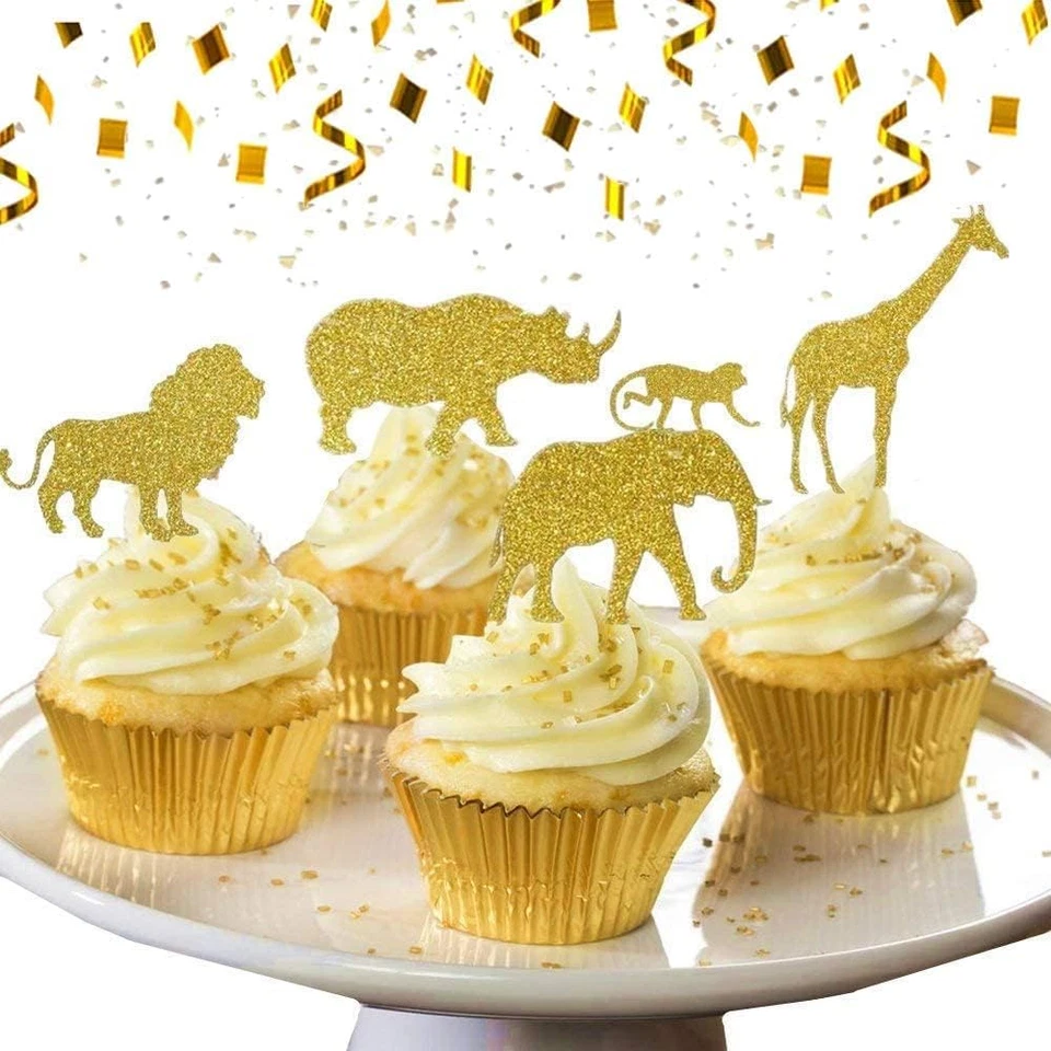 30 Piezas Oro Brillo Selva Safari Animal Cupcake Toppers Animales de la Selva Pastel Dec Foto 1 de 4