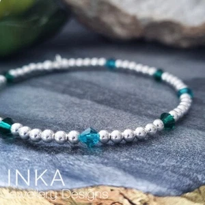 Inka 925 Sterling Silver 4mm Green Crystal Stacking Bracelet with Inka charm - Picture 1 of 7