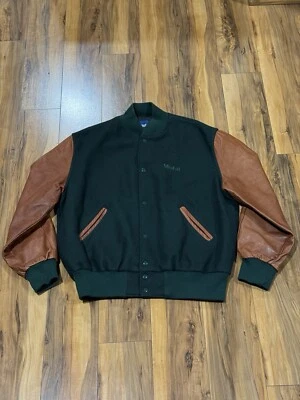 Vintage Holloway Jacket Mens XL Green Brown USA Made Wool Leather Varsity Bomber - Image 1 of 4