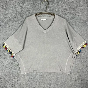 THML x Anthropologie Womens XS Gray Muliticolor Tassels Sweater Top SS Boho Chic - Picture 1 of 11