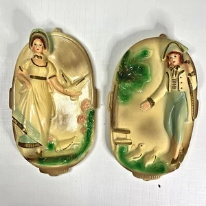 50s Courting Couple Chalkware Plaques Wall Décor Pearlescent Pastels Vtg MCM - Picture 1 of 4