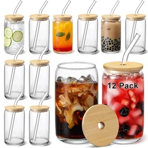 12 Piece Set, Glass Cups with Bamboo Lids and Glass Straw - 16 oz - Picture 1 of 3