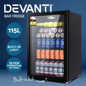 Devanti 115L Bar Fridge Glass Door Freezer Refrigerator Cooler w/Light Black - Picture 1 of 11