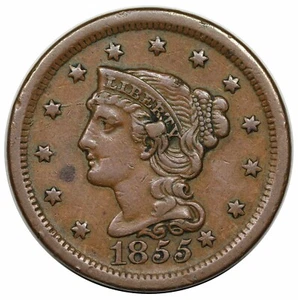 1855 Braided Hair Large Cent, Knob on Ear, N-9 - Picture 1 of 3